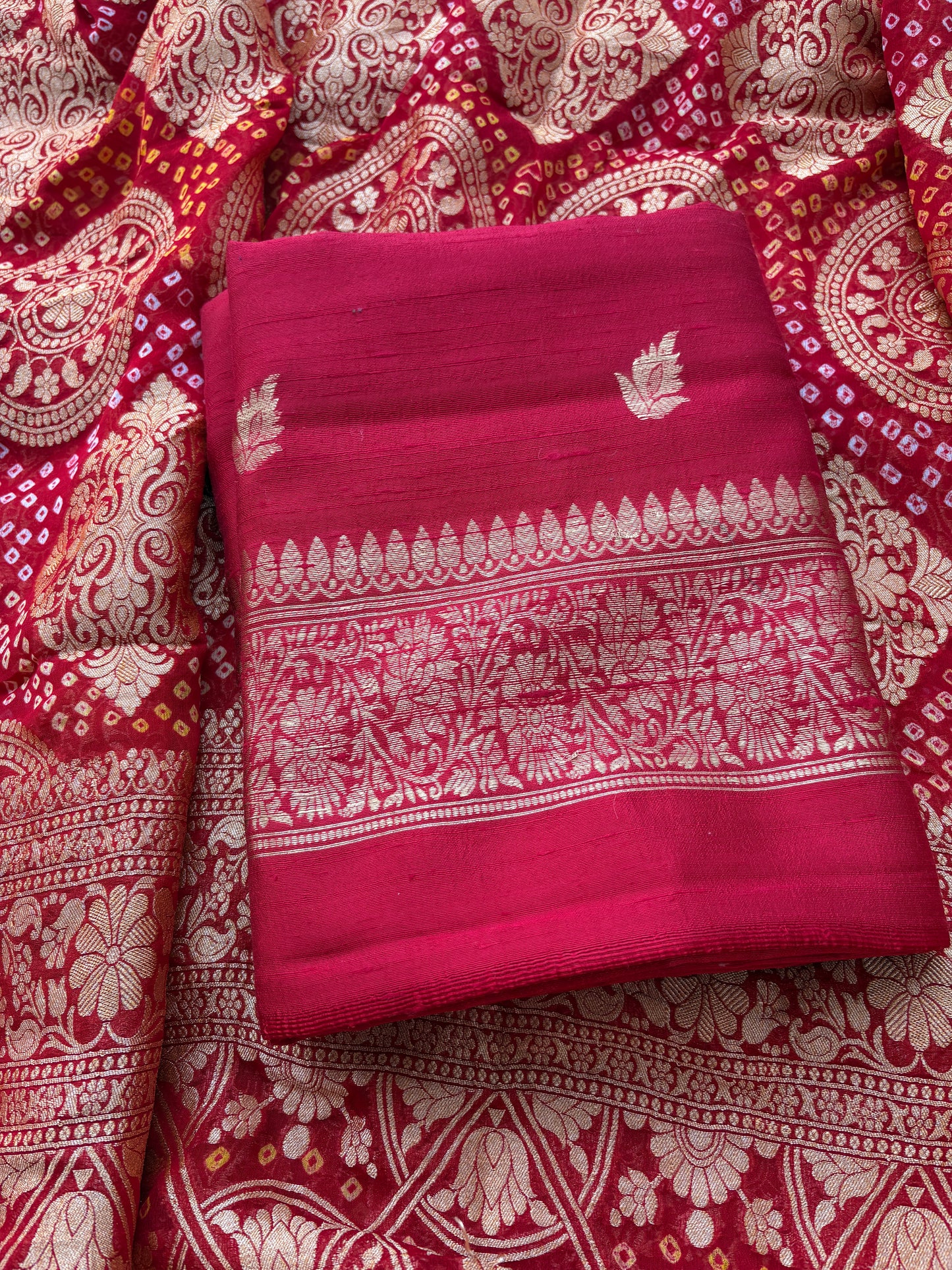 Red raw silk suit with bandhani dupatta