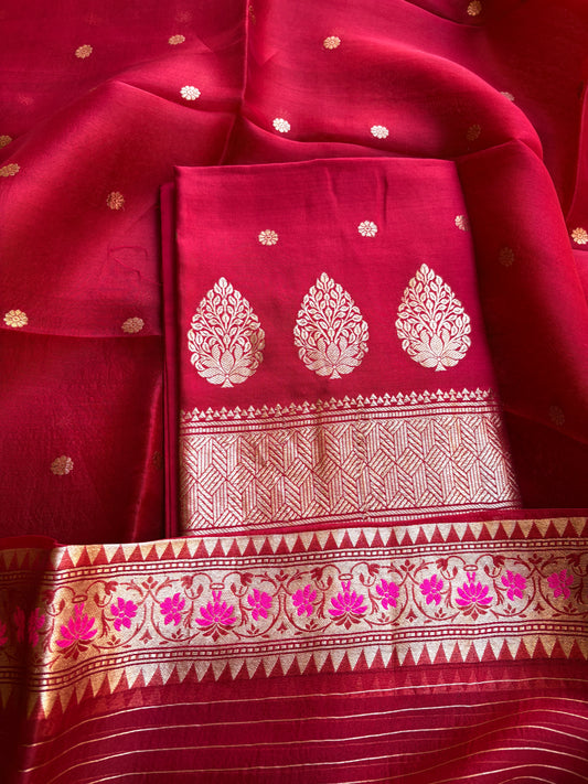 Red Chiniya silk kora paithani border suit set