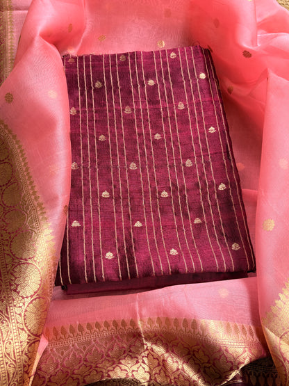 Wine raw silk kadhwa with kora kadhwa dupatta