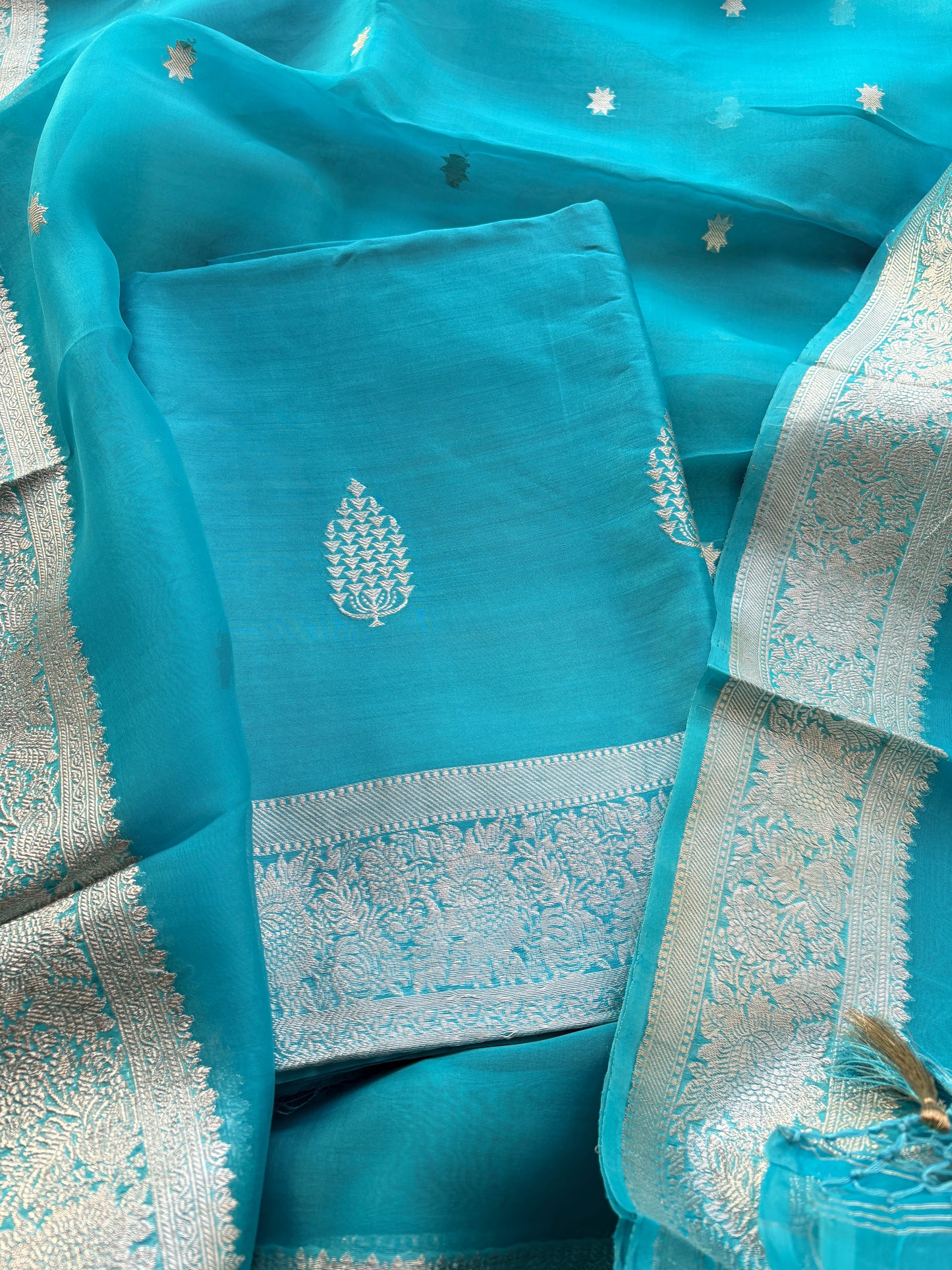 Blue Chiniya Kora silk silver zari suit set
