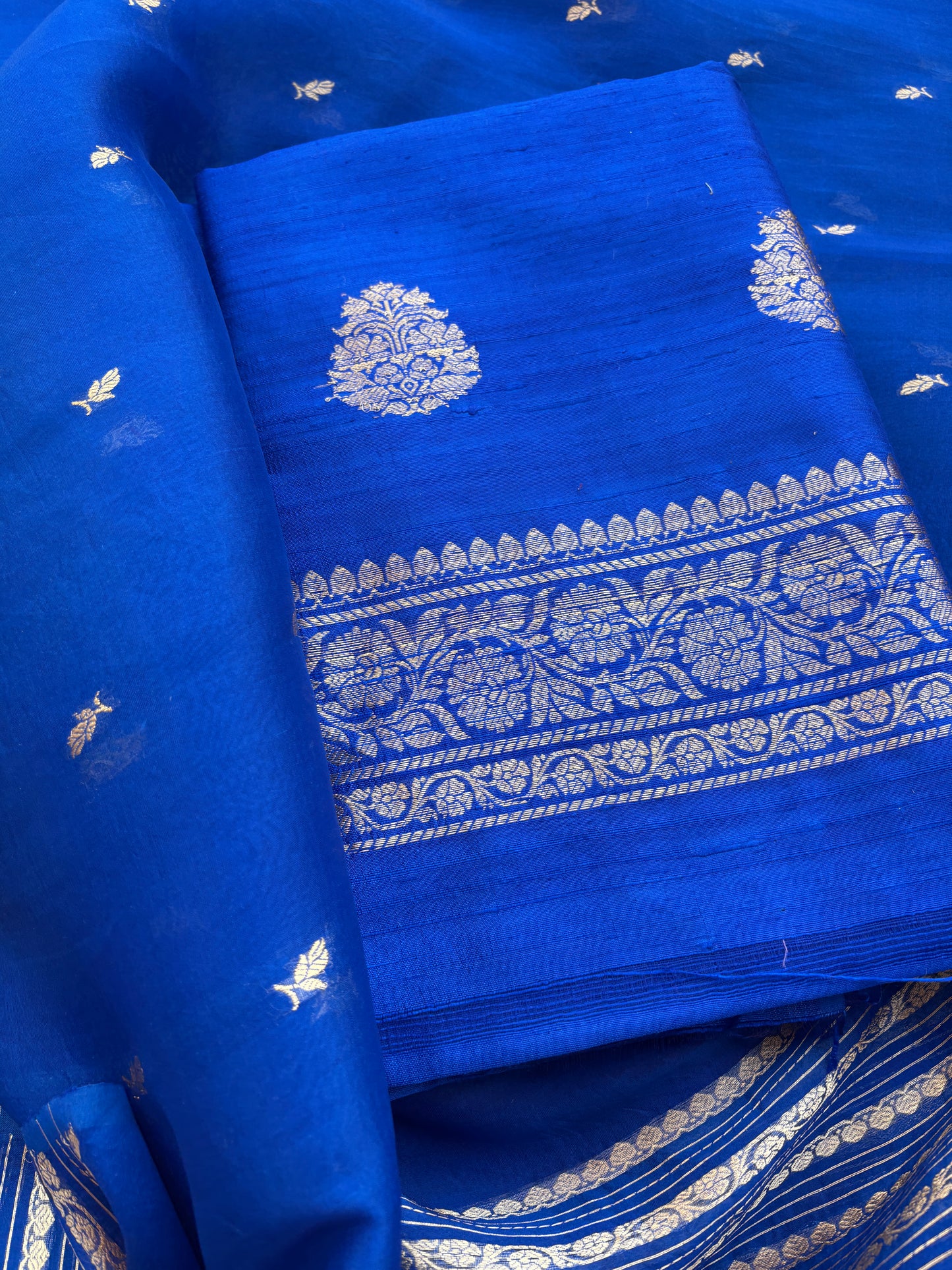 Blue raw silk suit set with kora silk dupatta