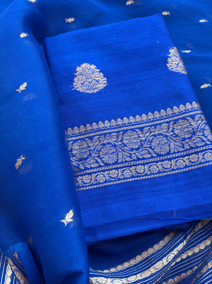 Blue raw silk suit set with kora silk dupatta