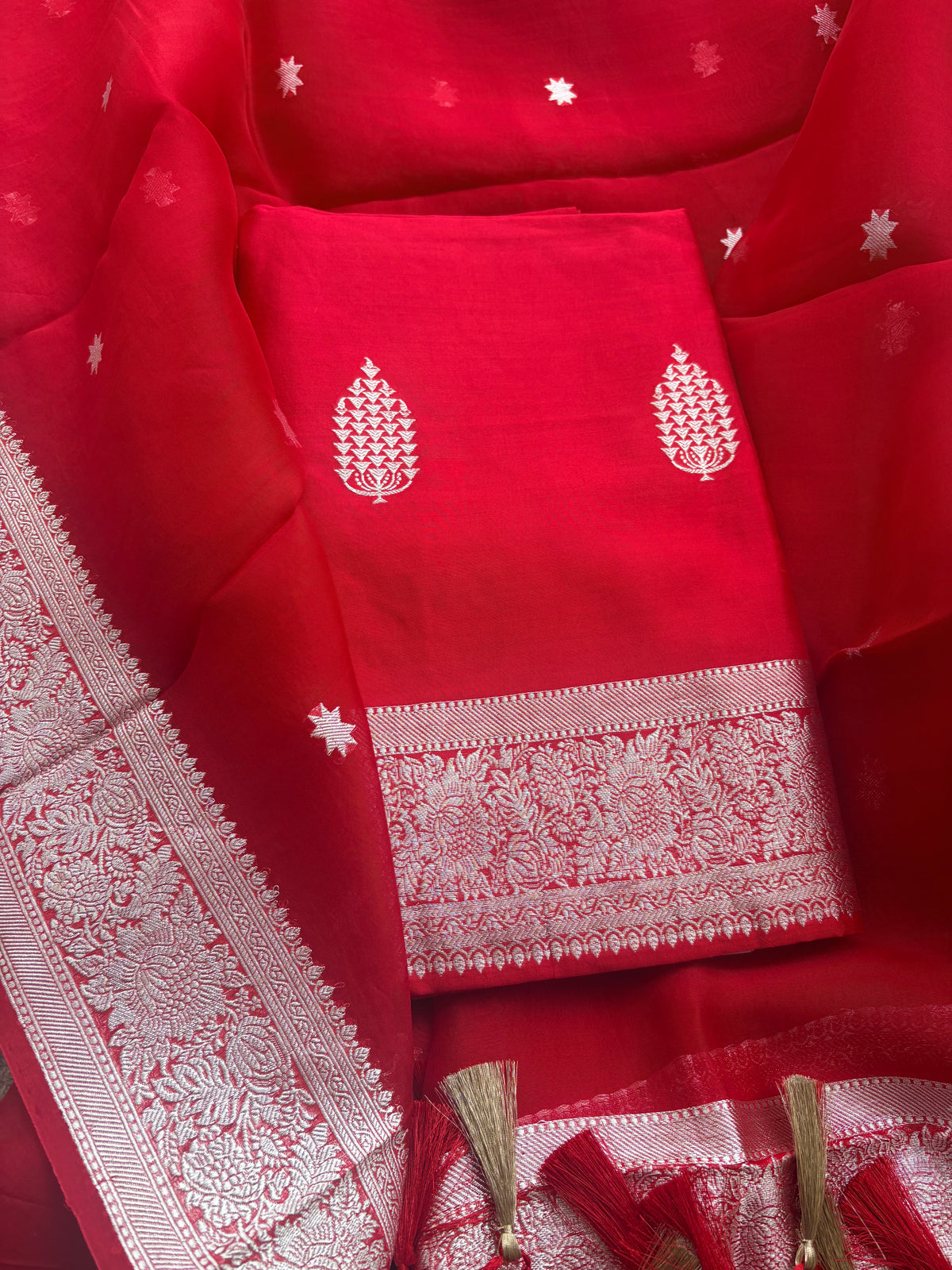 Red Chiniya kora silk silver zari suit