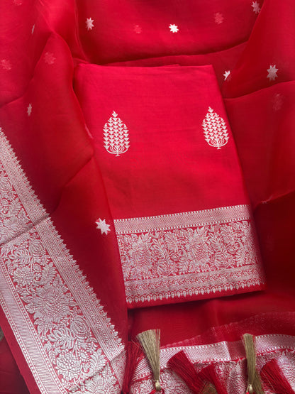 Red Chiniya kora silk silver zari suit
