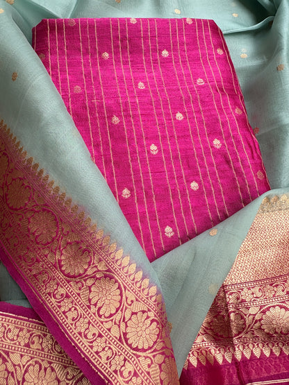Pink raw silk kurta, bottom , kora shaded dupatta