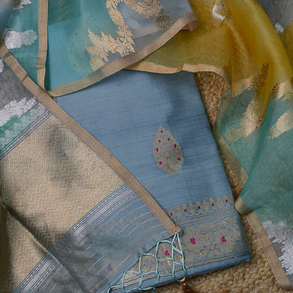 Blue Chiniya silk with rangkata kora dupatta