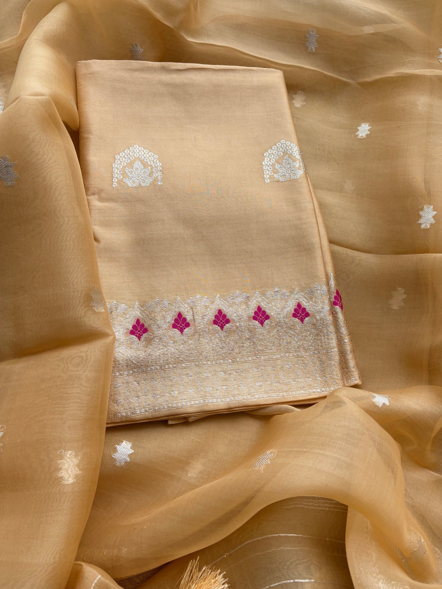 Beige Chiniya silk suit set with kora silk silver zari dupatta