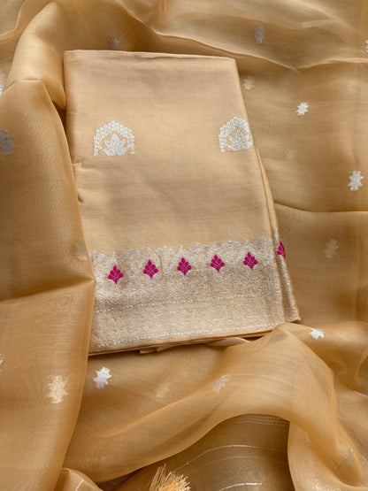 Beige Chiniya silk suit set with kora silk silver zari dupatta
