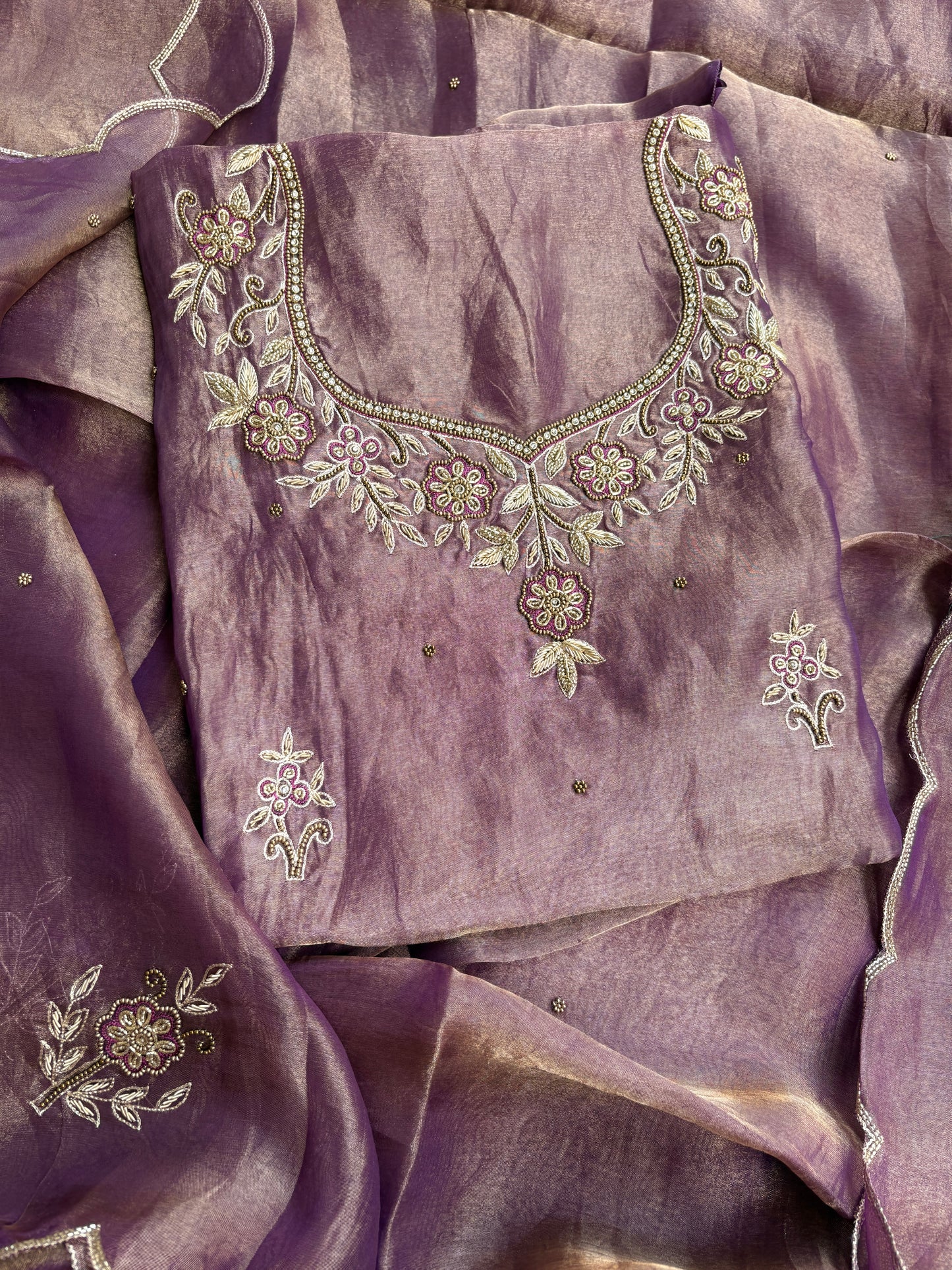 Purple tissue hand embroidered suit set