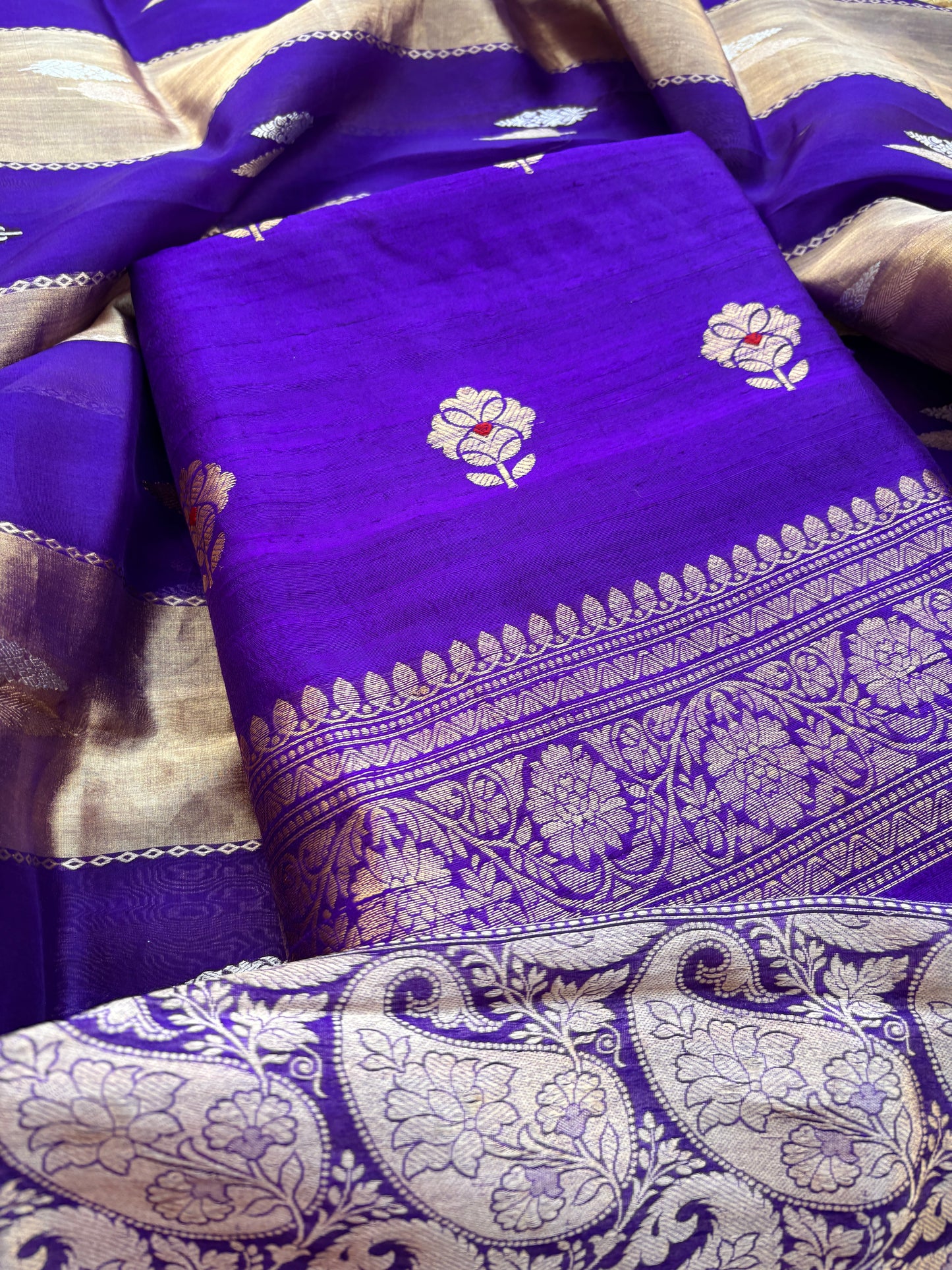 Purple raw silk kurta, bottom and kora tissue dupatta