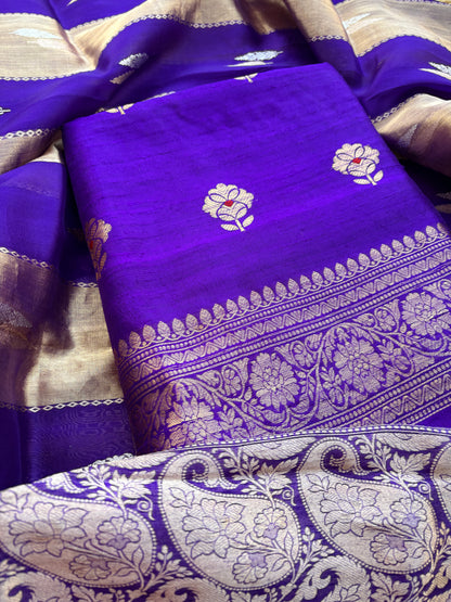 Purple raw silk kurta, bottom and kora tissue dupatta