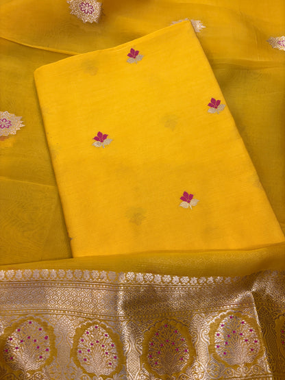 Yellow Chiniya silk kurta bottom and kora silk dupatta