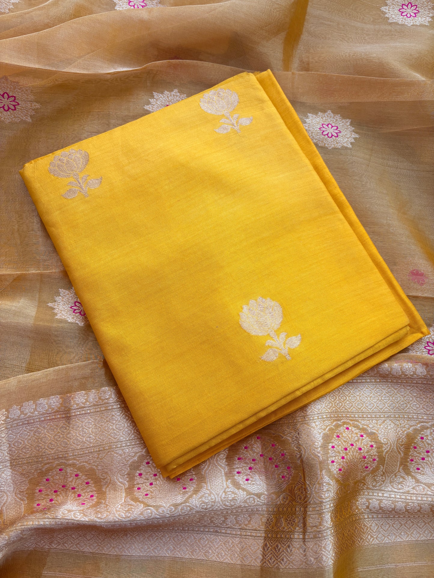 Yellow Chiniya silk kadhwa suit with tissue dupatta