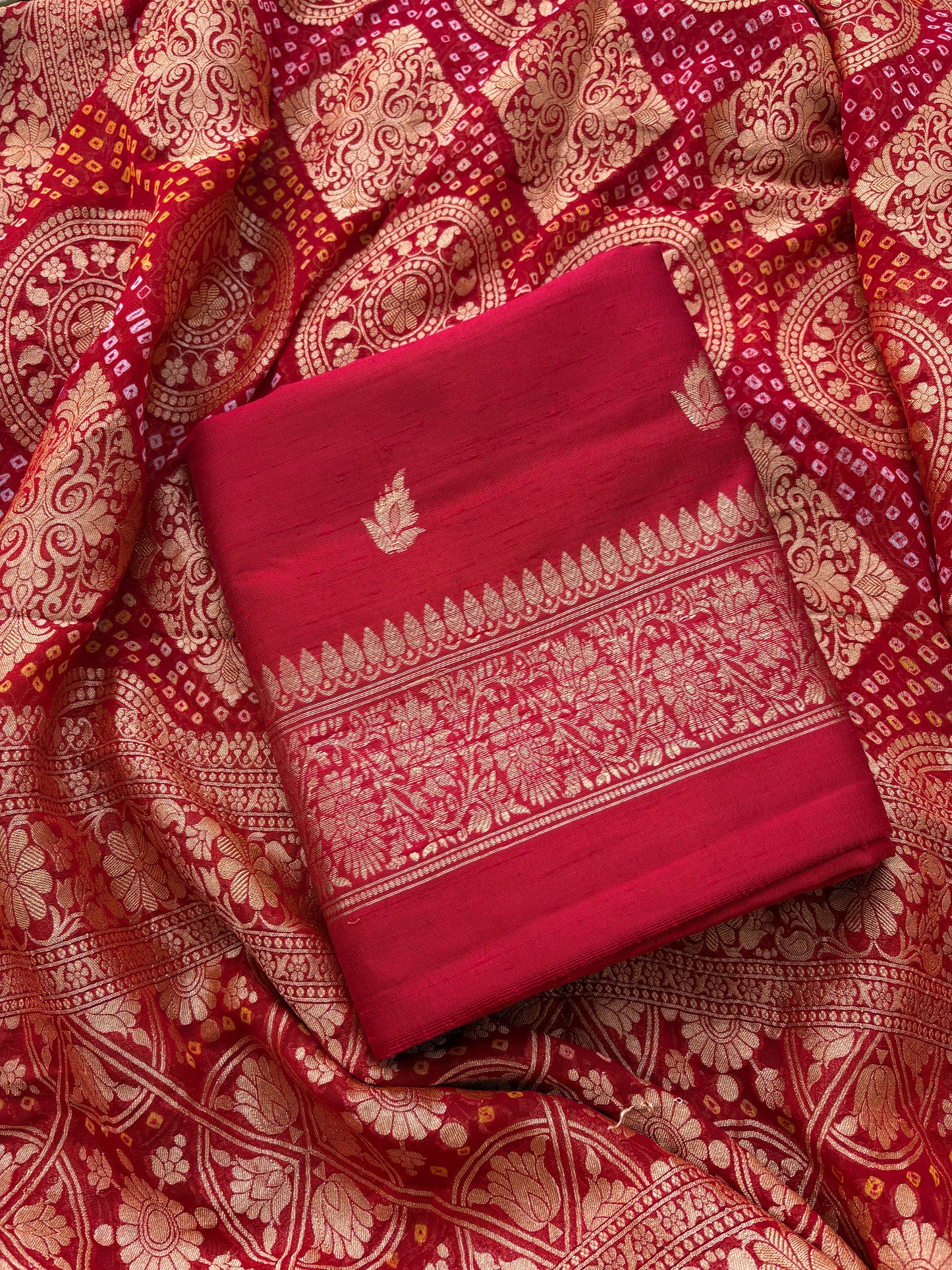 Red raw silk suit with bandhani dupatta
