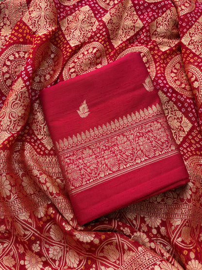 Red raw silk suit with bandhani dupatta