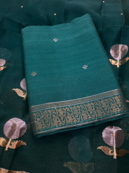 Green raw silk suit with kora silk suit set