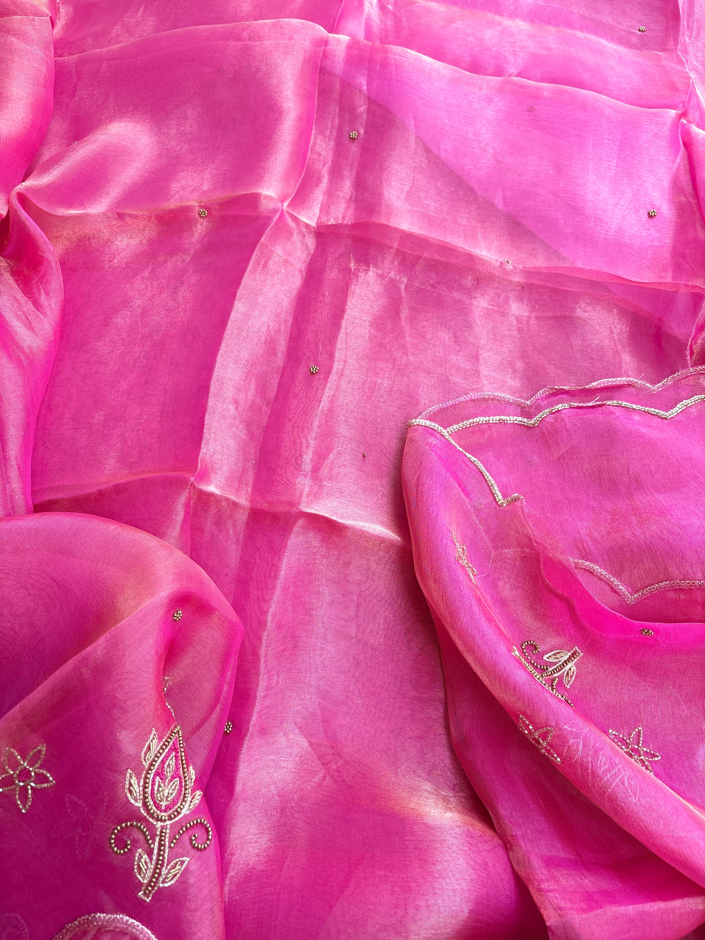 Pink tissue hand embroidered pure silk suit set