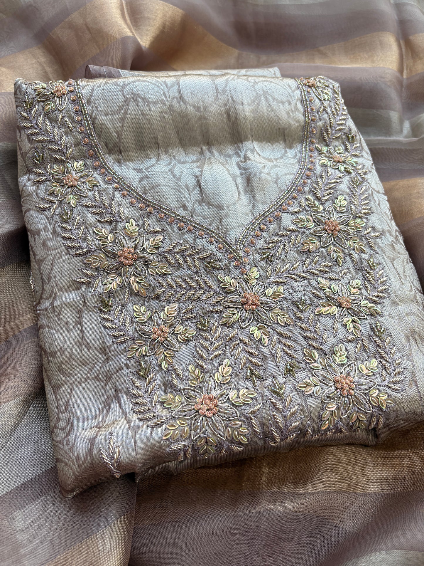 Tissue brocade embroidered suit set