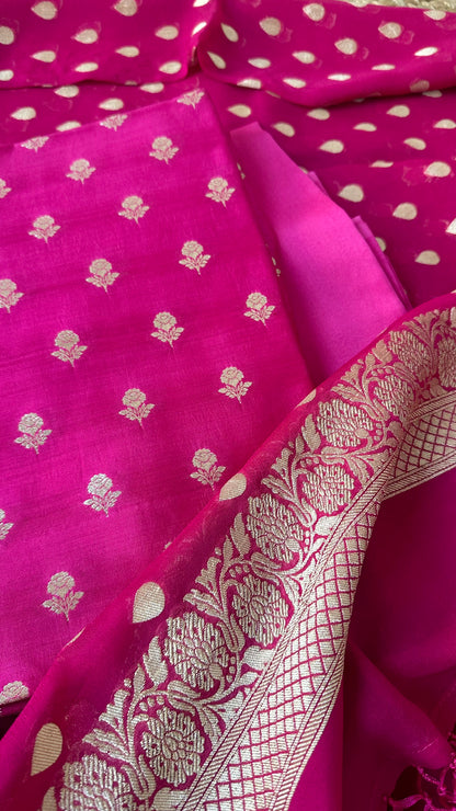 Pink chiniya katan kurta, georgette dupatta, plain silk bottom.