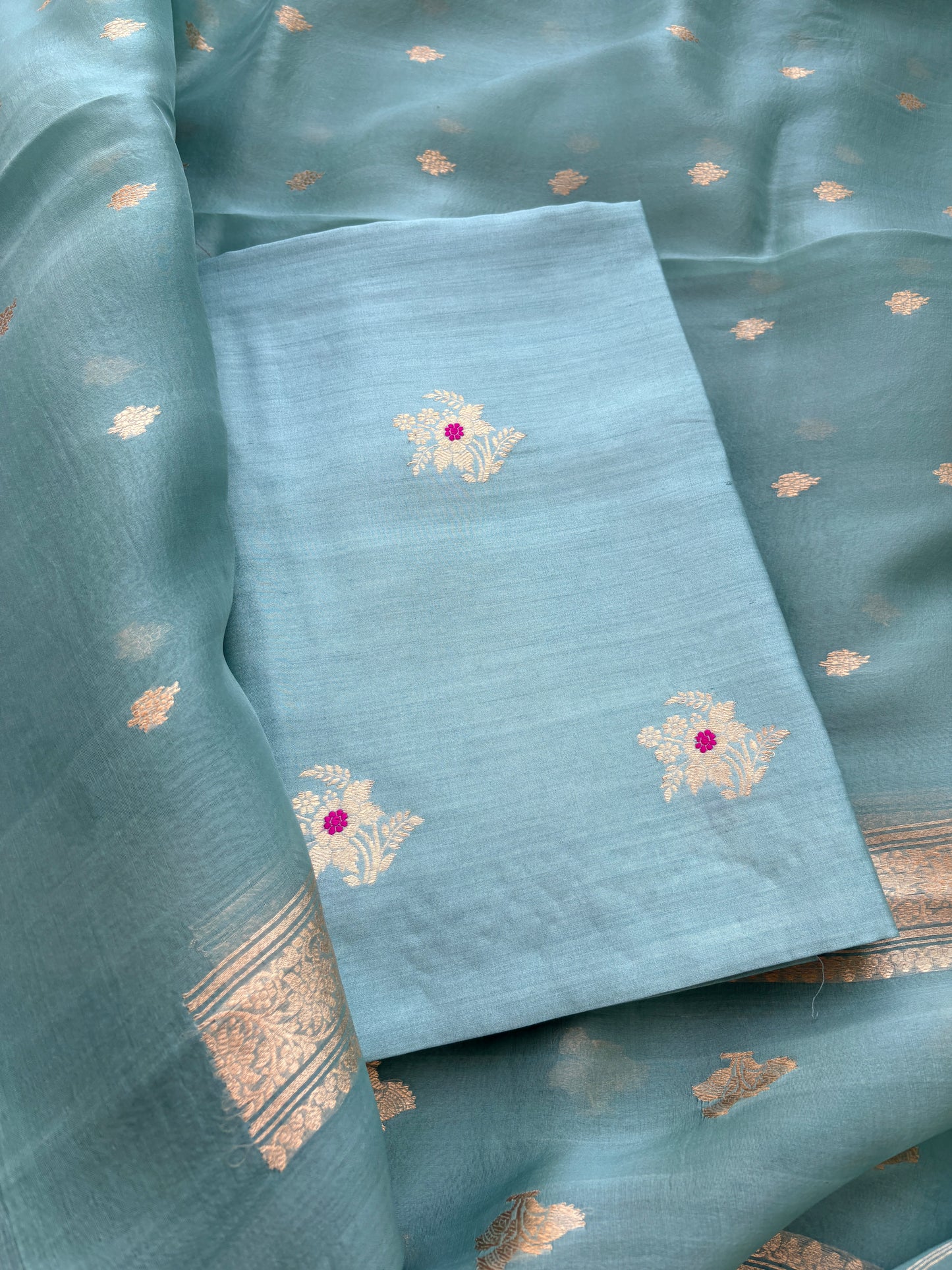 Blue Chiniya silk kora silk kadhwa suit set