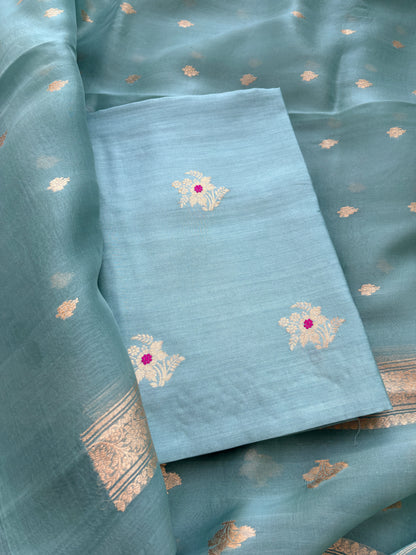 Blue Chiniya silk kora silk kadhwa suit set