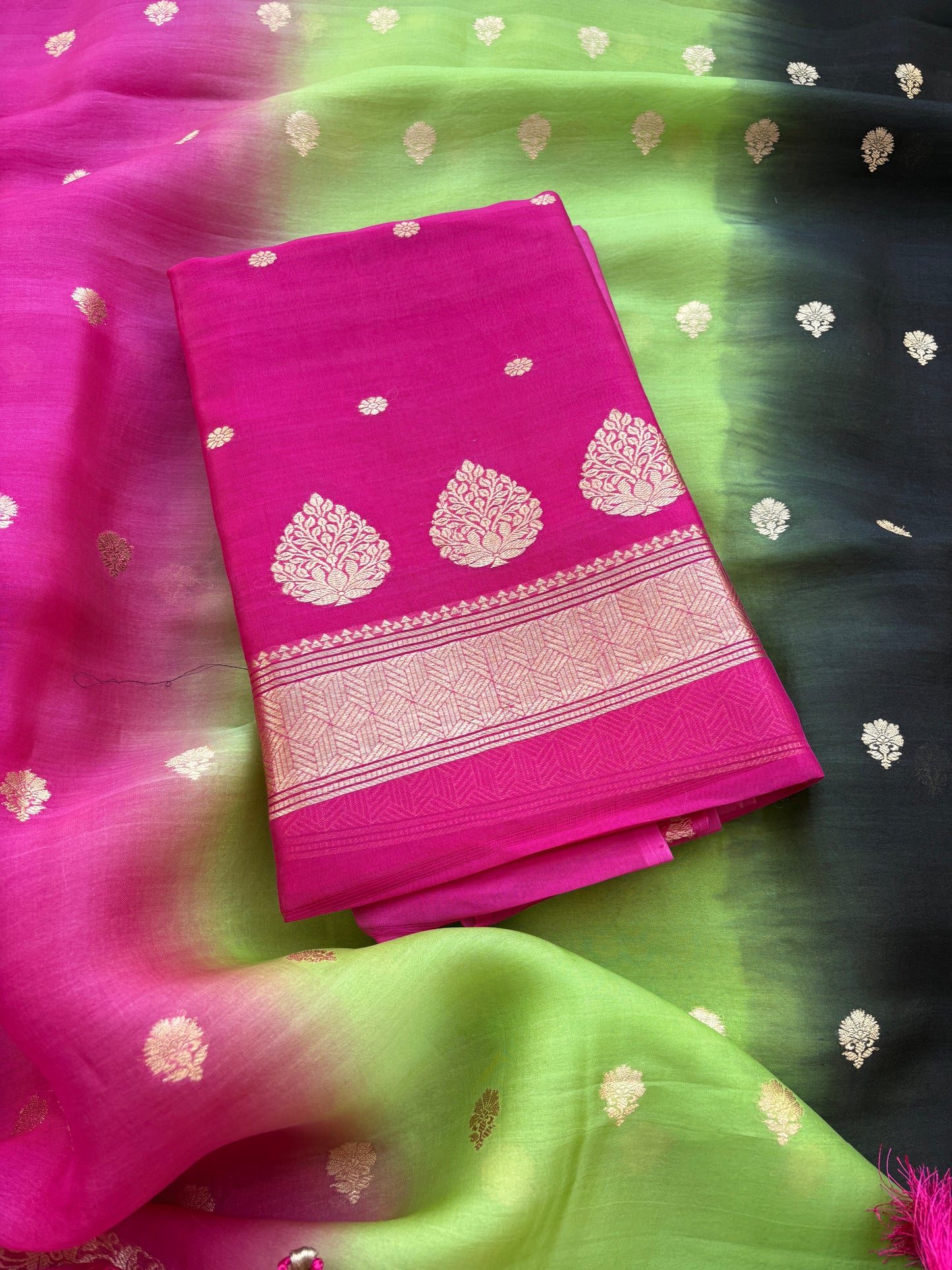 Pink Chiniya silk kurta with shaded dupatta