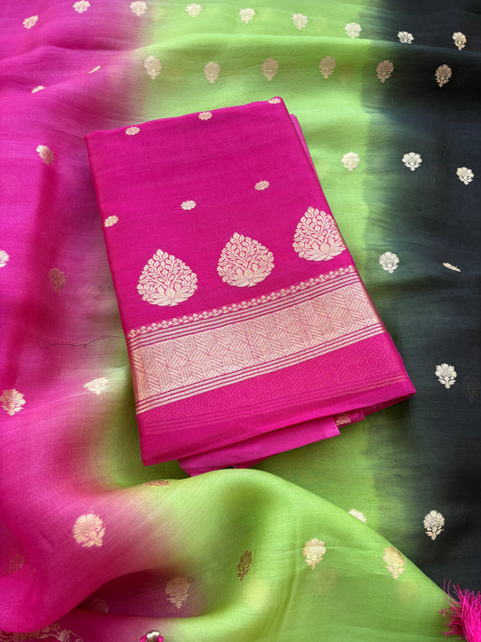 Pink Chiniya silk kurta with shaded dupatta