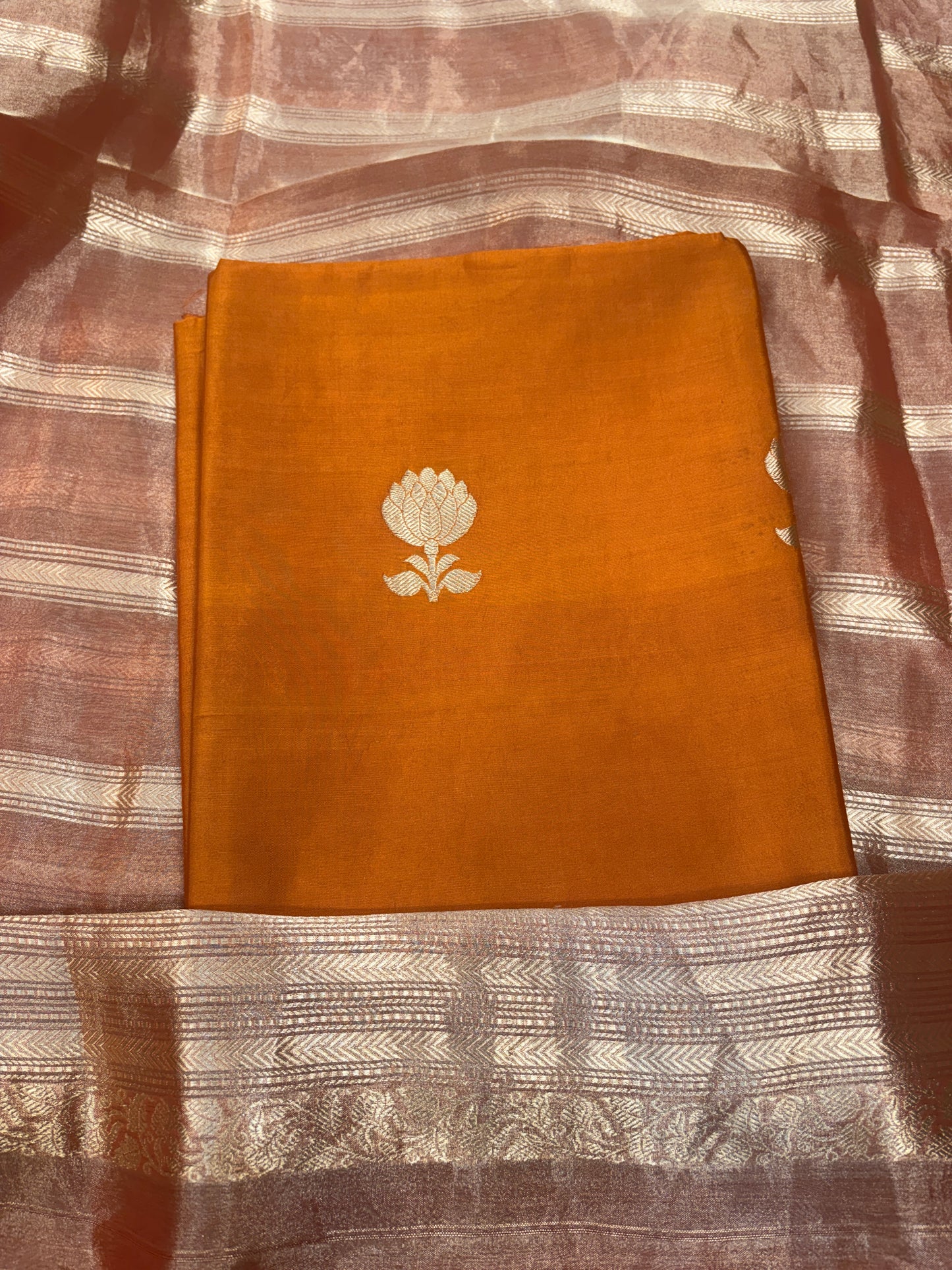 Orange Chiniya silk suit with tissue dupatta