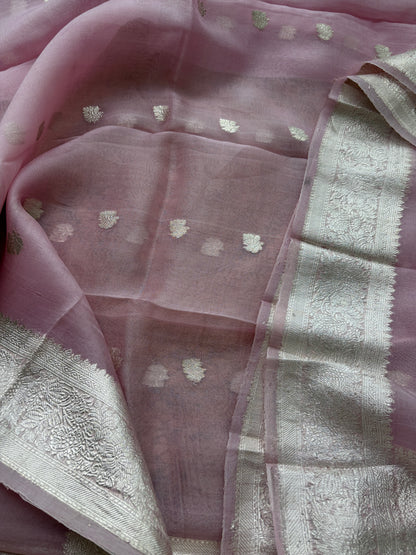 Pink lavender silver zari Chiniya silk suit set