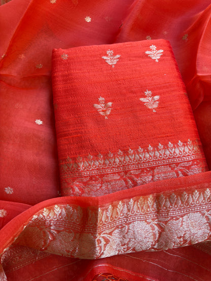 Orange raw silk kadhwa suit set