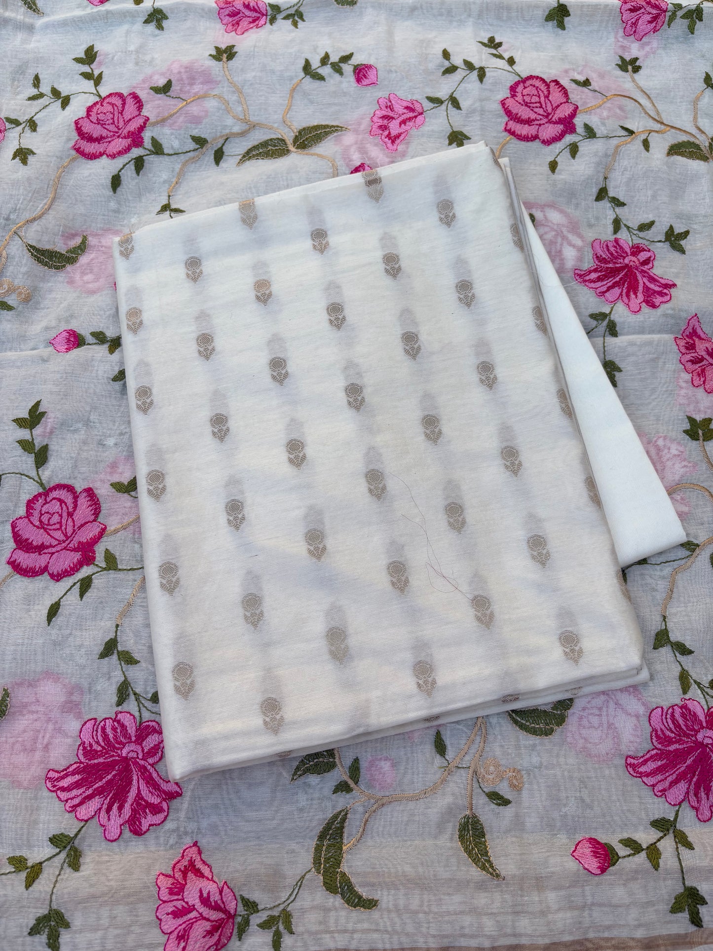 White cotton, embroidered dupatta, plain bottom