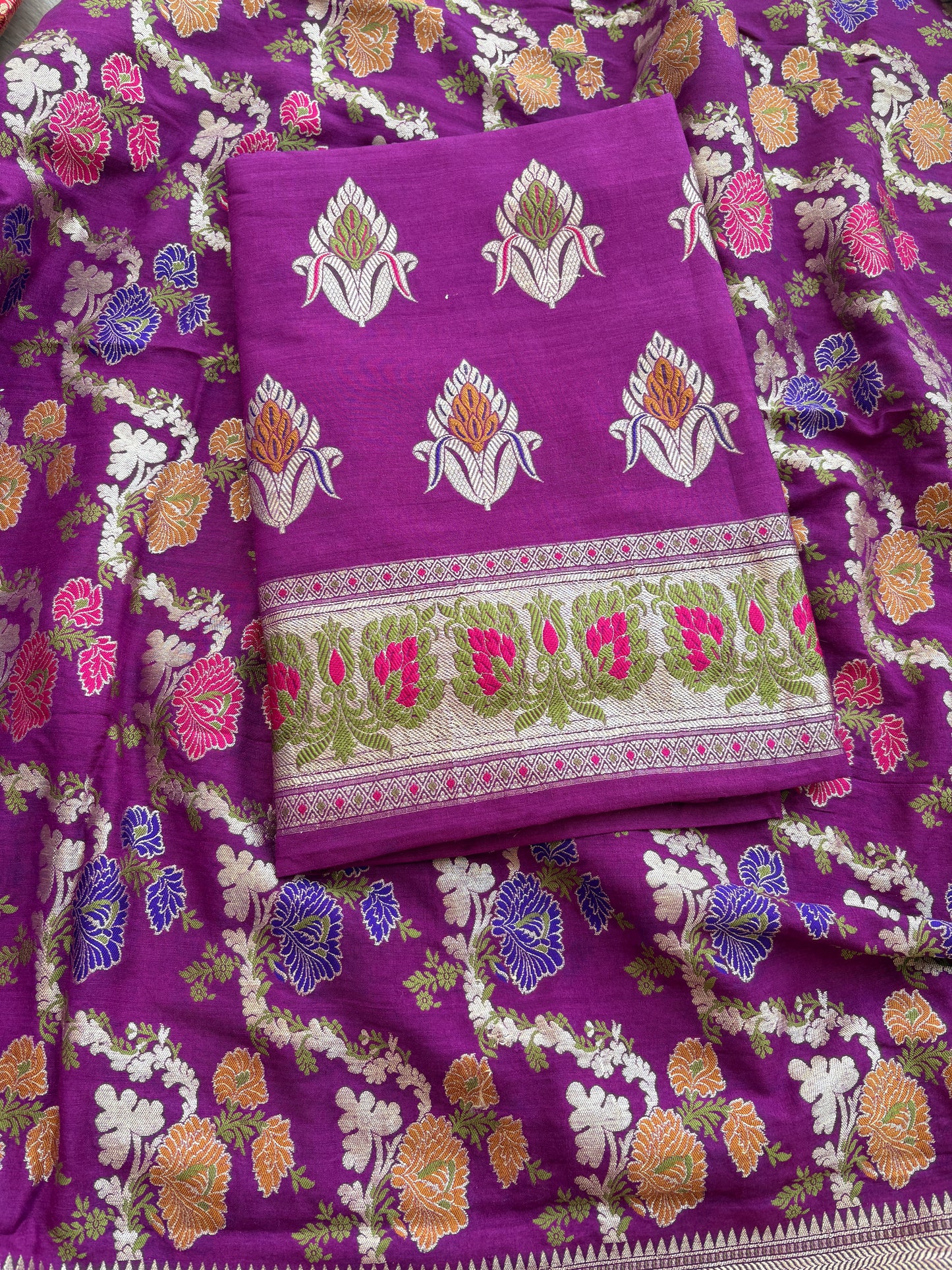 Purple moonga silk jaal tilfi suit set