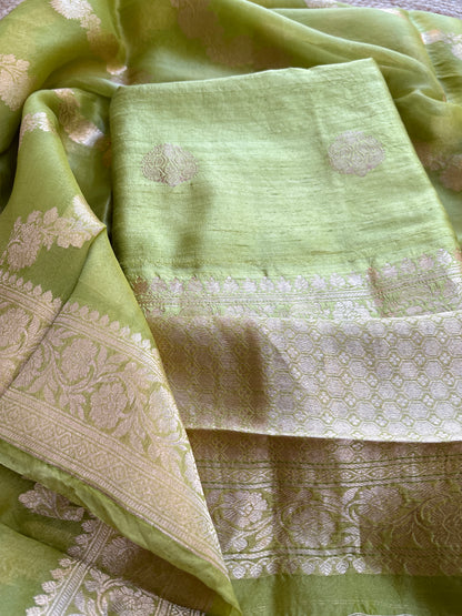 Green raw silk kadhwa suit set with kora silk dupatta