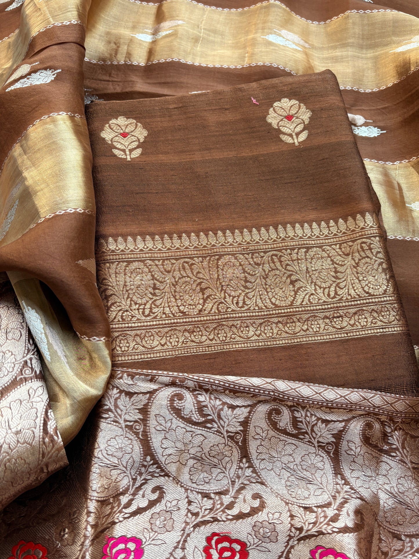 Brown raw silk suit set with kora tissue dupatta