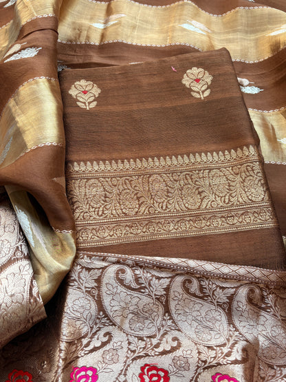 Brown raw silk suit set with kora tissue dupatta