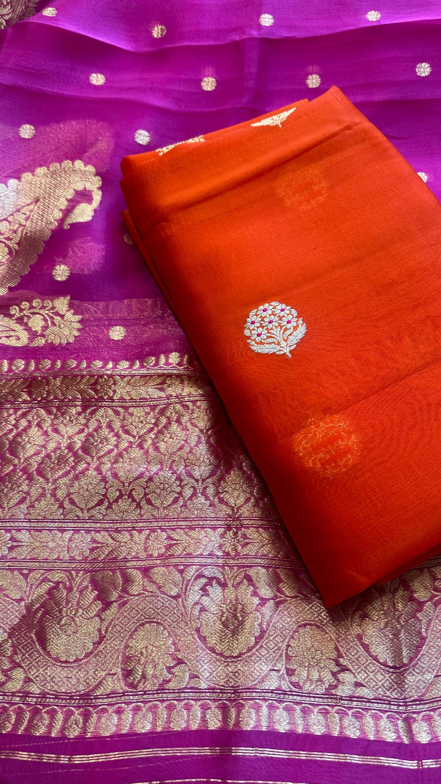 Orange kora silk kurta, magenta kora dupatta, plain bottom