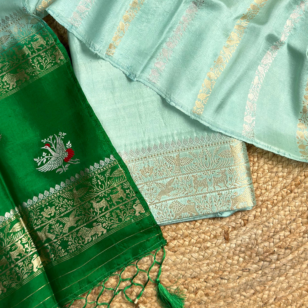 Sea green silk suit with shaded dupatta