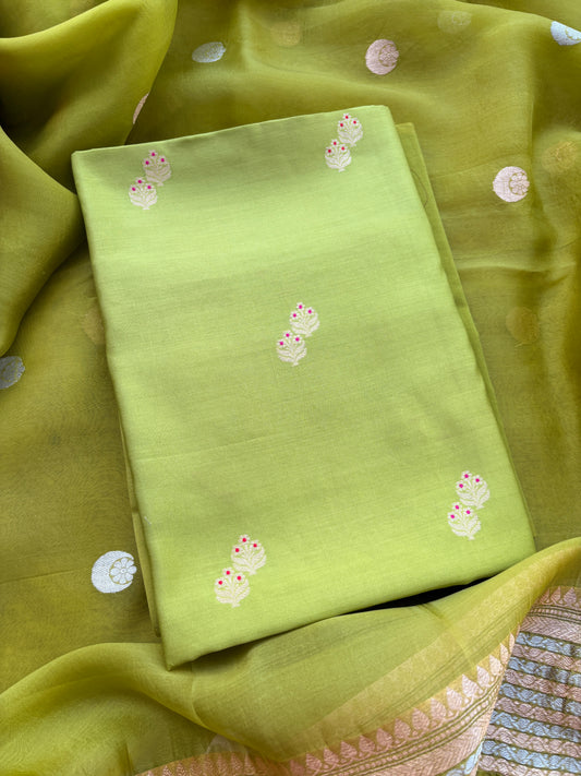 Green Chiniya silk kora suit set