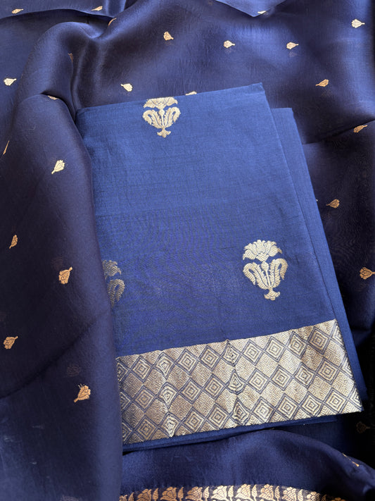 Blue Chiniya silk kora dupatta suit set