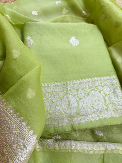 Lime green Chiniya kora silver zari suit set