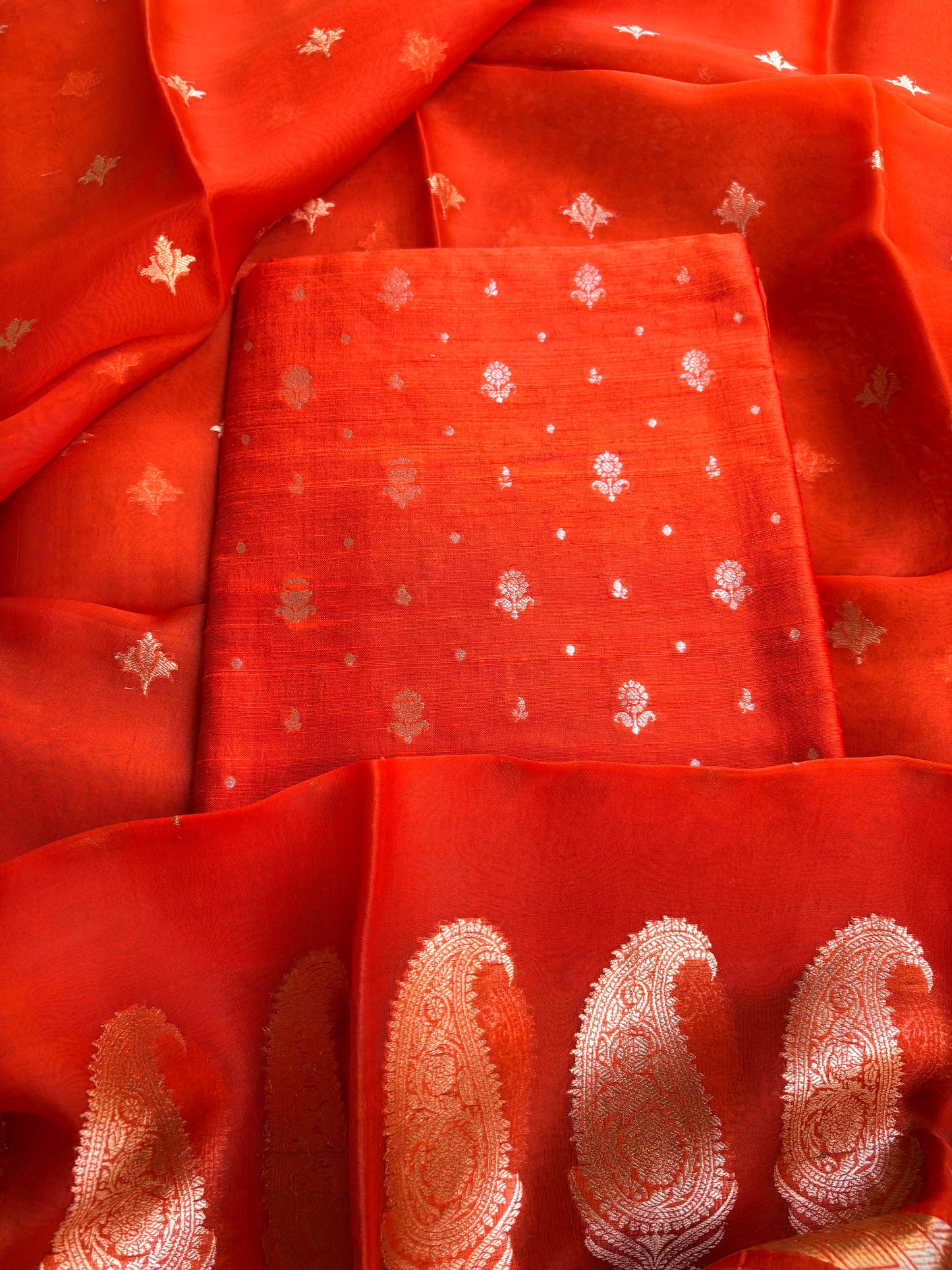 Orange raw silk kurta , bottom and kora silk dupatta