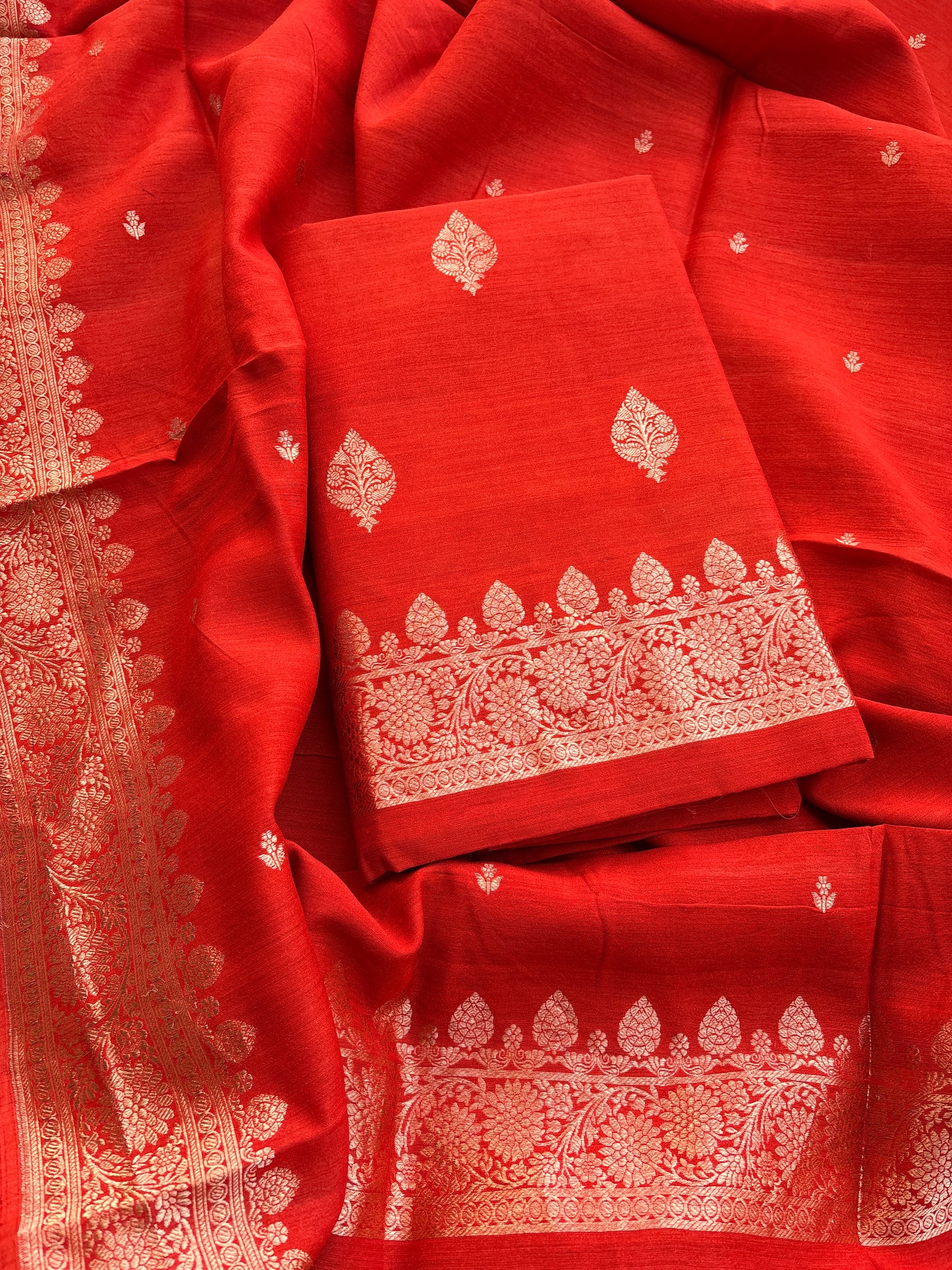 Rust orange moonga silk kadhwa suit set