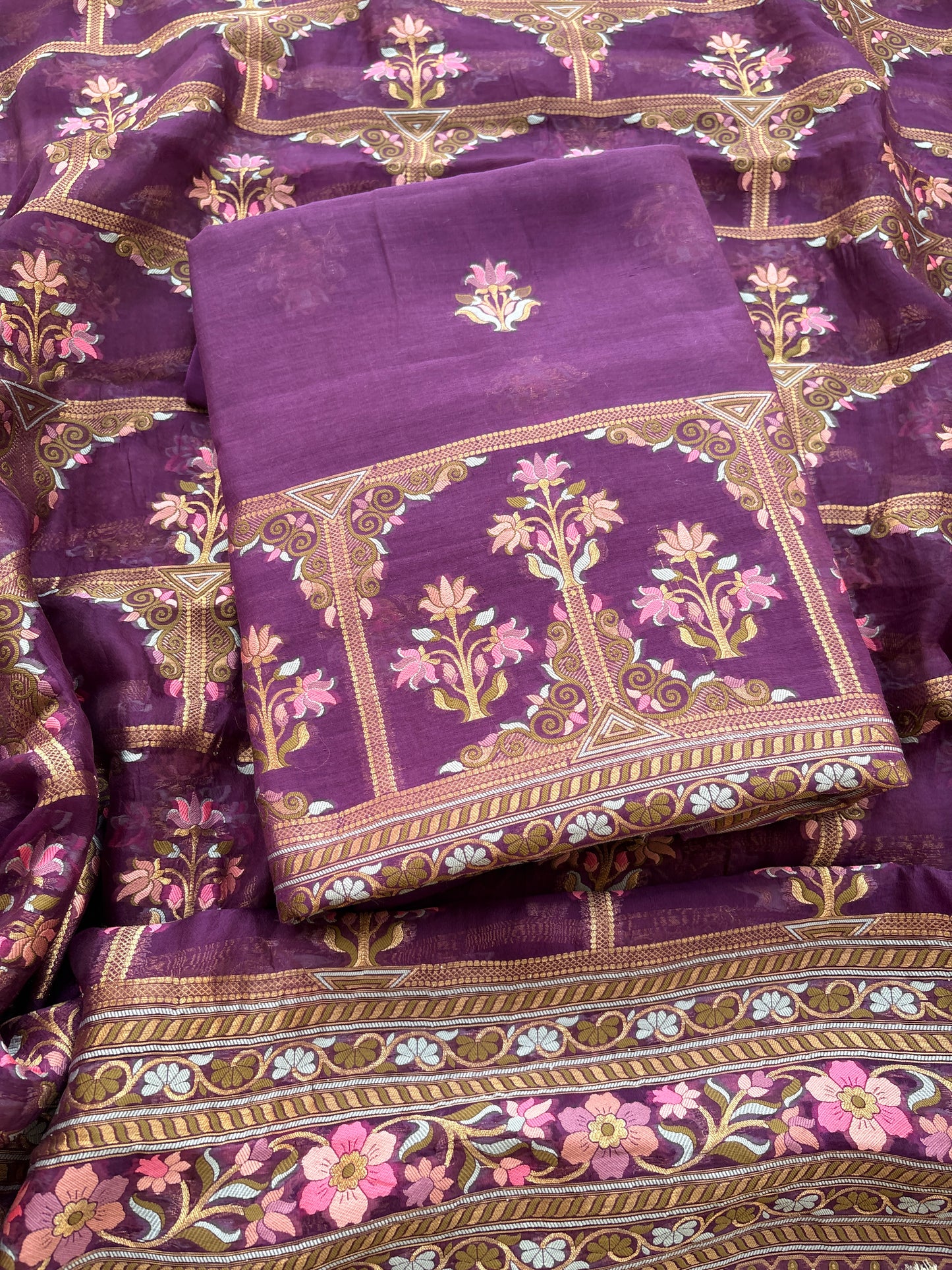 Purple kora silk jaal suit set