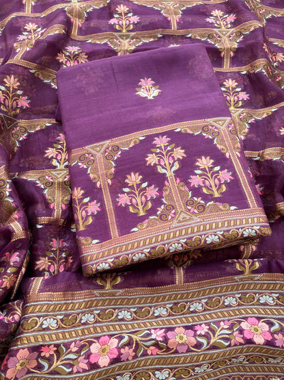 Purple kora silk jaal suit set