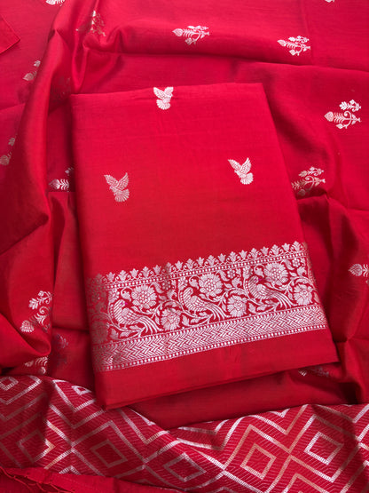 Red Chiniya silk 3 piece bird motif suit set