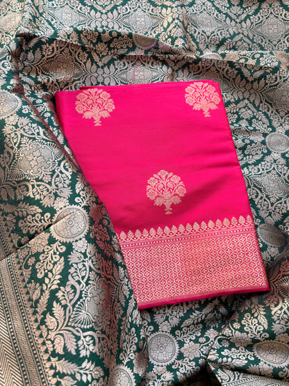 Pink katan silk kurta, bottom and green heavy dupatta