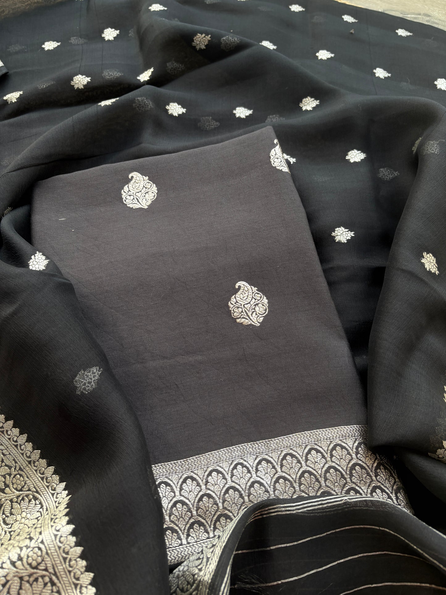 Black Chiniya silk pure silver zari suit set