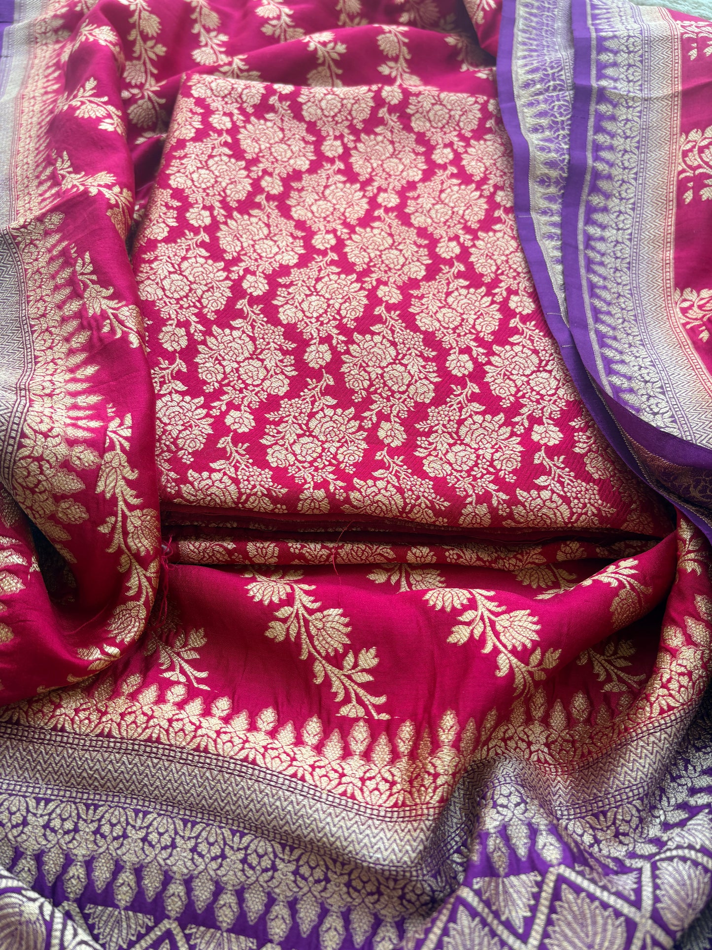 Red moonga silk suit with purple chap dye dupatta