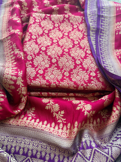 Red moonga silk suit with purple chap dye dupatta