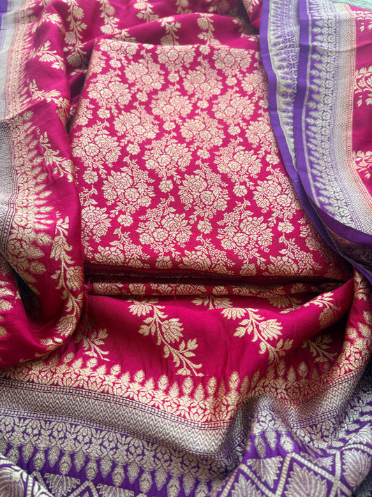 Red moonga silk suit with purple chap dye dupatta